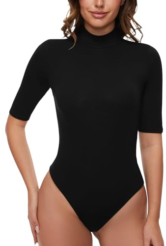 WOWENY Damen Body 1/2 Arm mit Stehkragen -Elegant Bodysuit Fleece Oberteile Shirts Rolli Pullover Rollkragen Pulli Für Alltag,Schwarz,M