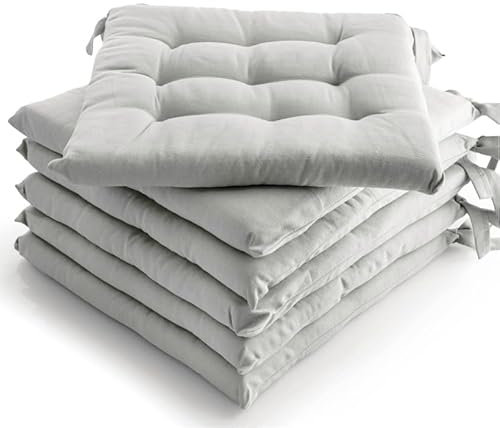 etérea 6er Set Sitzkissen Outdoor 40x40 mit Bändern - Stuhlkissen Grau für Gartenstuhl & Innenbereich - waschbare Sitzauflagen Gartenmöbel - 6 Stück Kissen 40x40 cm - Grau