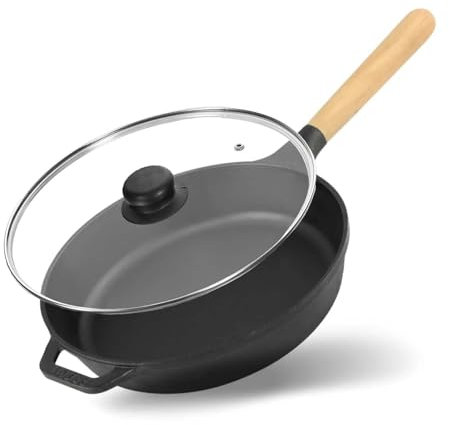 4BIG.fun Brizoll - Padella in ghisa con coperchio in vetro, diametro 22 cm, profondità 40 mm, con manico in legno, per tutti i piani cottura