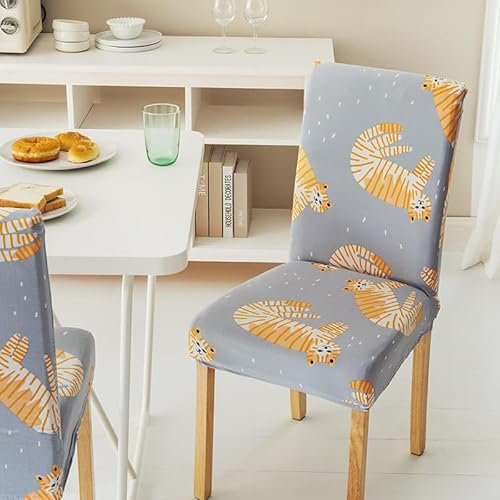 Stuhlhussen Katze Orange Grau Stuhlbezug Stretch Removable Hussen für Stühle Universal Stuhlhussen Schwingstühle Chair Covers für Hotel Hochzeit Bankett Küche Restaurant Party(2 Pieces)