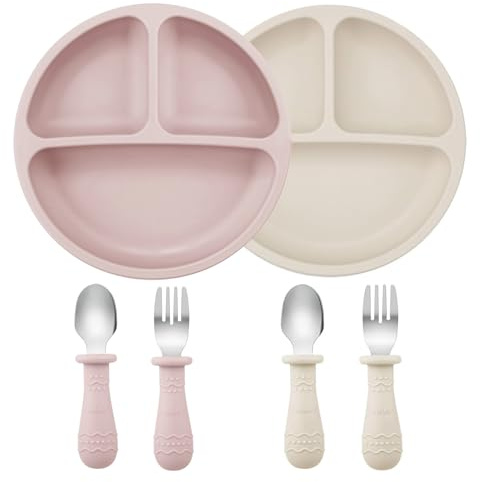 PandaEar Lot de 6 assiettes et ustensiles pour tout-petits, 2 assiettes en silicone avec ventouse et 4 fourchettes en acier inoxydable pour bébé, vaisselle pour bébé