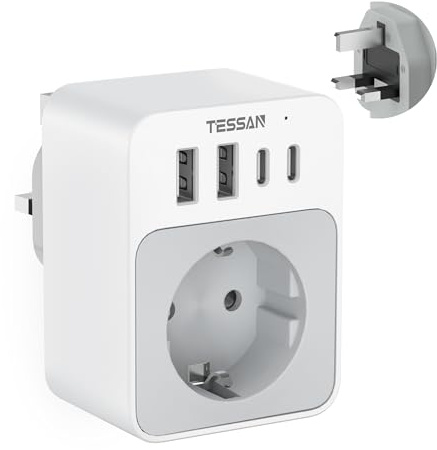 TESSAN 20W Reiseadapter UK Adapter mit 2 USB C und 2 USB A, Typ G | Adapter UK England Deutschland Stecker, 3250W Steckdosenadapter England für Großbritannien Irland Schottland