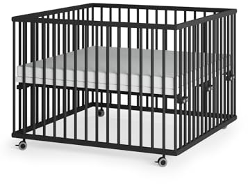 Sämann Laufstall Baby 100x100 cm mit Matratze SleepPlus und 3 Schlupfsprossen| TÜV geprüft | stufenlos höhenverstellbar | Laufgitter Premium | Babybett aus Holz | Krabbelgitter Black Edition