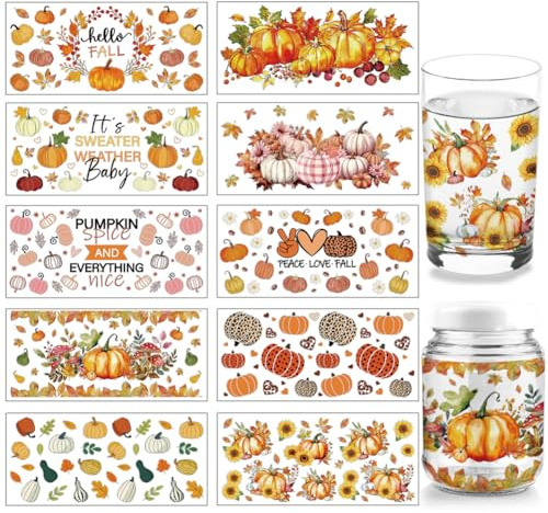 arricraft 10 Blatt UV-DTF-Cup-Folie Mit Kürbis-Aufdruck, Abziehbilder Aus PVC Mit Melonen-Herbsternte-Motiv Zum Aufreiben Für Selbstgemachte Thanksgiving-Lebensmittelbehälter Oder