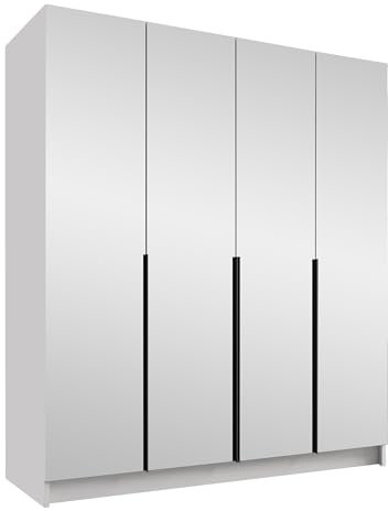 Mirjan24 Kleiderschrank mit Spiegeltüren, Einlegeböden und Kleiderstange Salkor III, Vielseitiger Drehtürenschrank, Elegantes Kleiderschrank 4-türig (Weiß/Weiß + Schwarz)