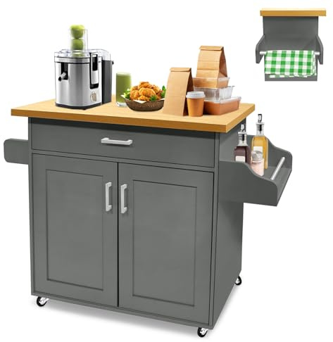 LZQ Küchenwagen Küchenschrank mit Arbeitsplatte Bewegliche Kücheninsel Küchen Wagen Rollbar, Rollwagen küche, servierwagen 115x36x90cm Grau