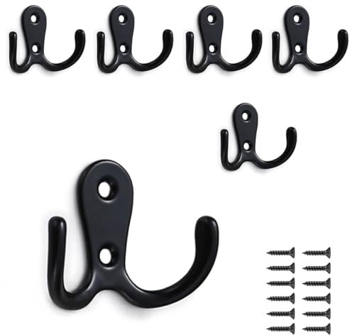 PAIDASHU 6-Pack Double Coat Hooks, Metal Hooks, Wall-Mounted Coat Hooks with Screws for Hanging Clothes, Hats, Towels, Keys, Kitchenware, for Living Room, Bedroom, Bathroom, Kitchen (Black)