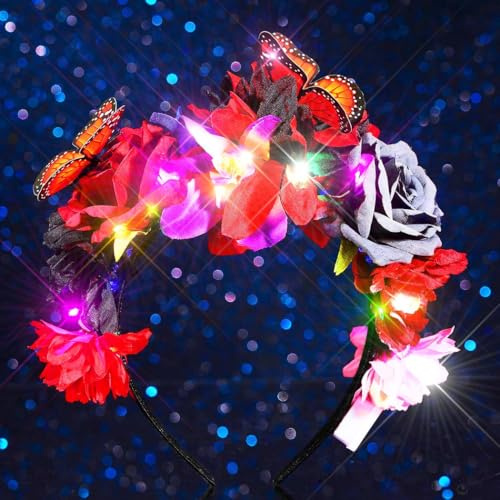 Handcess Serre-tête lumineux mexicain avec couronne de fleurs LED et papillon - Accessoire de cheveux pour femme