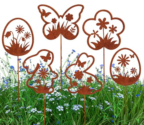 Sunwuun 6 Stück Osterdeko Outdoor Gartenstecker Rost,Balkon Blumentopf Deko,Osterhase,Ostereier,Schmetterling und Blume Ostern Deko für Draußen-Rostige Gartendeko Beetstecker für Frühling und Ostern