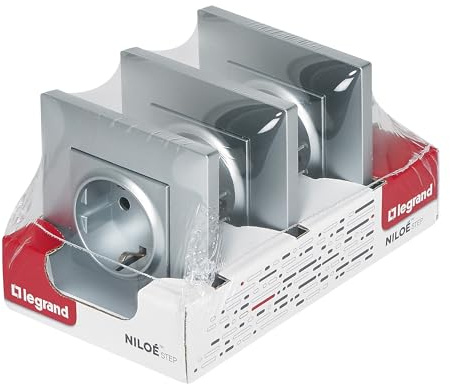 LEGRAND Pack 3 enchufes 2P+T 16A monobloc para instalación empotrada, Gama Niloé Step, Color Alumunio, 398303