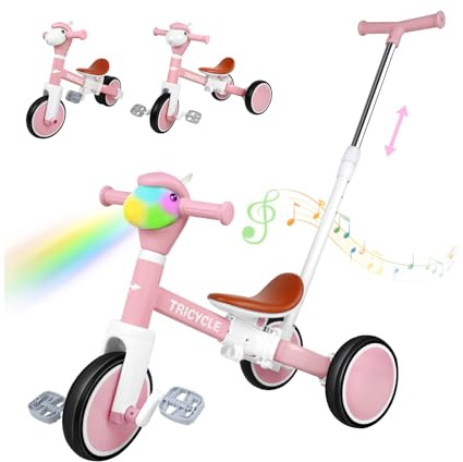 5-in-1 Toddler Tricycle with Lights & Music, Adjustable Push Kids Bike for 1-5 Year Olds, Toddler Balance Bike & Tricycle for Boys & Girls, Birthday Gift for 1 2 3 4 5 Year Old Kids (Pink)