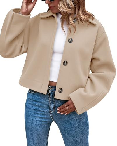 Cicy Bell Womens Cropped Pea Coat Casual Wool Blend Button Down Short Jackets Fall Winter Outerwear