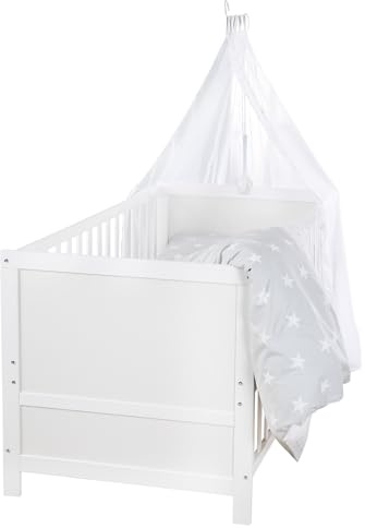 roba Komplett sängset Grå stjärnor – 70 x 140 cm – inkl. madrass, himmel och ställning – vit