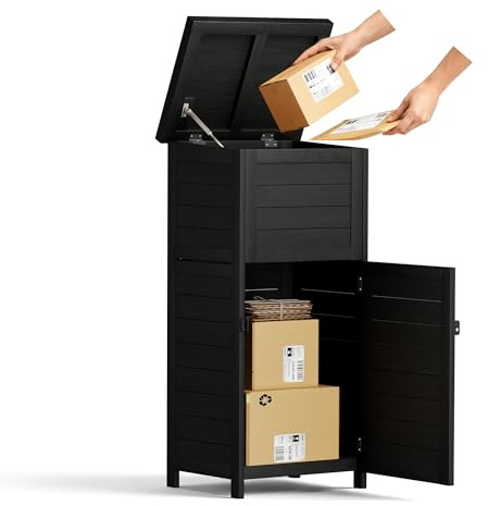 Pamapic Scatola per pacchi da esterno, grande scatola in legno per esterni, con chiusura a chiave, resistente alle intemperie, colore nero