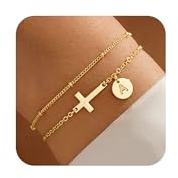 M MOOHAM Layered Initial Cross Bracelets for Women - Christian Gifts for Women, Dainty Disc Letter A Cross Initial Bracelet Jewelry Baptism Gift Religious Confirmation Christian Gifts for Women