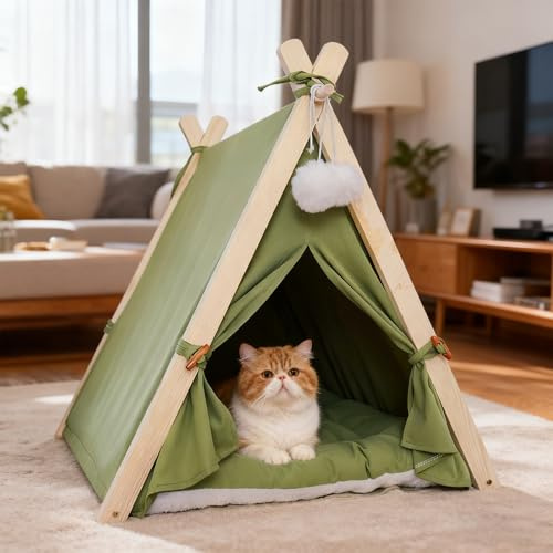 PETCUTE Katzenzelte,Haustier-Tipi für Katzen, Kätzchen und kleine Hunde,Faltbare,dreieckiges Hundezelt aus Holz mit herausnehmbarem Kissen, gemütliche Hundehütte für den Innenbereich,Grün