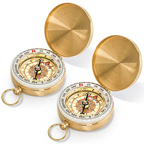 Tebery 2 Pack Classic Pocket Style Copper Clamshell Compass Waterproof Luminous Compass Camping Gear Survival Gear