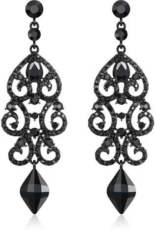 EVER FAITH Rhinestone Crystal Wedding Art Deco Floral Chandelier Dangle Earrings for Women Black Black-Tone