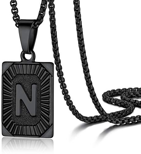 PROSTEEL Herren Buchstabe Kette Schwarz Viereck Anhänger + Großbuchstabe N Retro Stil Initiale Modeschmuck Accessoire + 55cm verstellbar Venezianierkette