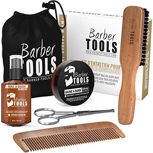 Bart- & Schnurrbart-Pflege-Set „Barber Tools“ – Bürste aus 100% Wildschweinborsten & Birnbaumholz, Holzkamm, Schere mit abgerundeten Spitzen, Aufbewahrungsbeutel – Pflege-Set für Herren