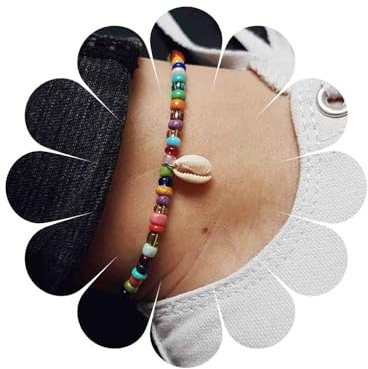 TseenYi Fashion Beach Shell Fußkettchen Armband Boho Elastische Farbe Reisperlen Fußkette Zubehör Verstellbar für Frauen und Mädchen