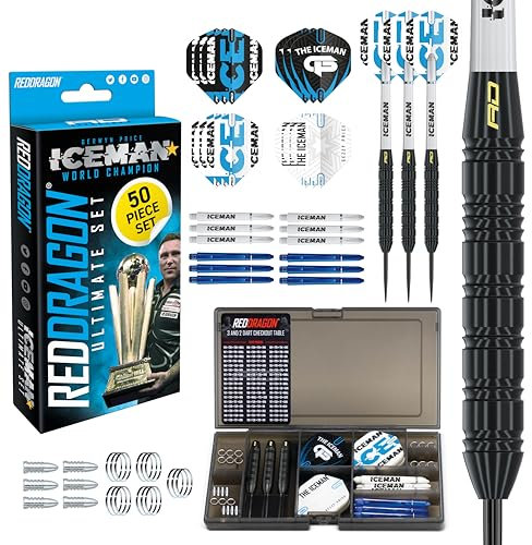RED DRAGON Darts – Gerwyn Price Iceman – Professionelles Dartset. Ultimatives 50-teiliges Dartset mit Dartpfeilen und Zubehör