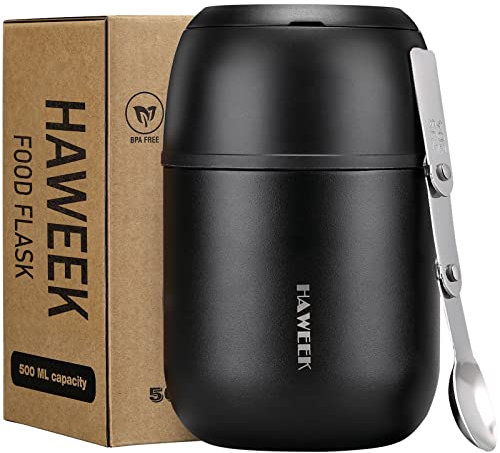 HAWEEK 17oz Insulated Food Jar with Spoon,Stainless Steel,Pure Black
