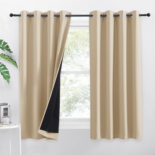 PONY DANCE Blickdichte Gardinen Wohnzimmer Kurz 2er Set H 145 x B 140 cm Doppellagige Verdunklungsvorhänge Schwerer Vorhang Hitzeschutz & Energiesparen Thermovorhang mit Ösen, Biscotti Beige | H 145 x B 140 cm, Biscotti Beige, Verdunkelung, Doppellagig, Kurz, mit Ösen, für Wohnzimmer, Schlafzimmer, Küche, Büro