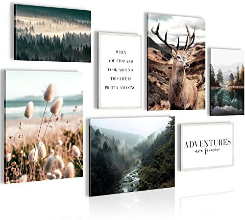 Novart Wandbilder Wald Hirsch - KOMPLETT AUFHÄNGFERTIG - Natur Berge Wohnzimmer Schlafzimmer - 7 Moderne Mood-Bilder - N013271a