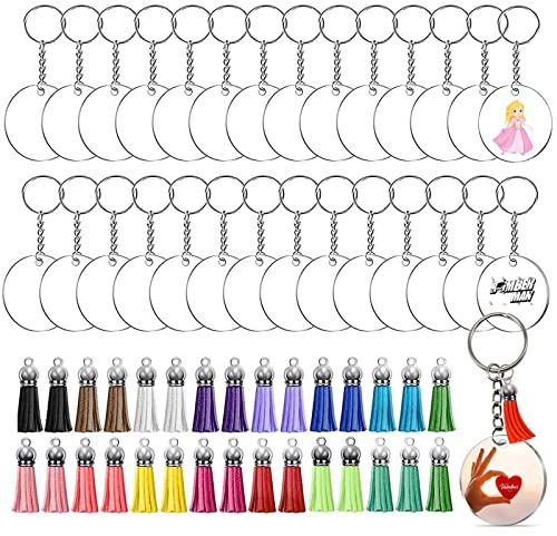 120 Stück Acryl Schlüsselanhänger Rohlinge Set, Runde Mehrfarige Troddel DIY Schlüsselanhänger mit 30 Acrylanhäger Rohling 30 Bunt Quasten Anhänger mit 30 Kette und 30 Biegeringe, für DIY Projekte