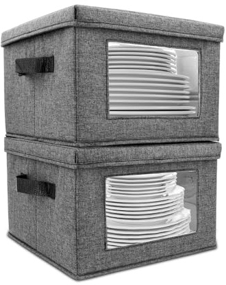 HOMELUX THEORY Hard Shell China Storage Containers for Dishes, 2pcs 10x8 Plate Storage, Square Storage Containers with Lid, Heavy Duty Fine China Dish and Dinnerware Storage with 30 Felt Pads