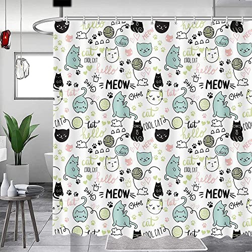 MEHOFOND Cat Shower Curtain for Kids Children Cute Pets Paw Bathroom Curtain Decor Funny Shower Curtain Washable Durable Fabric Bathroom Shower Curtains 72x72 inch