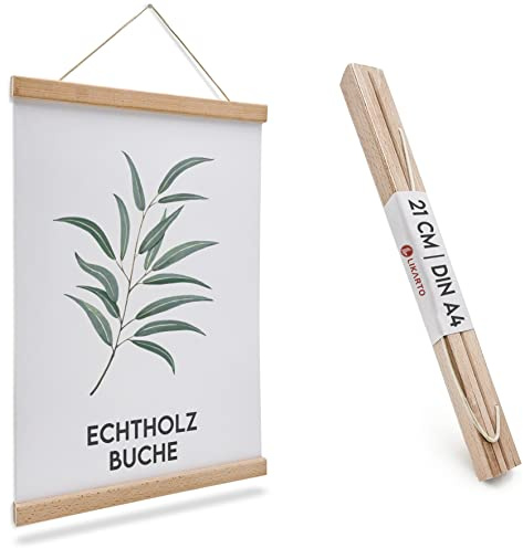 LIKARTO® Posterleiste Holz Buche A4, 21 cm, magnetisch, mit Lederband | Echtholz Buche, starke Magnete, inkl. Lederband, wiederverwendbar, Alternative zum Bilderrahmen
