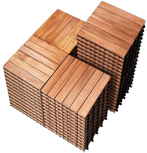 PrimeZone 54 PCS Solid Acacia Wood Interlocking Patio Deck Tiles - 12 x 12 Indoor Outdoor Waterproof Flooring Tiles for Balcony, Backyard, Porch & Poolside, All Weather Use, Natural Wood