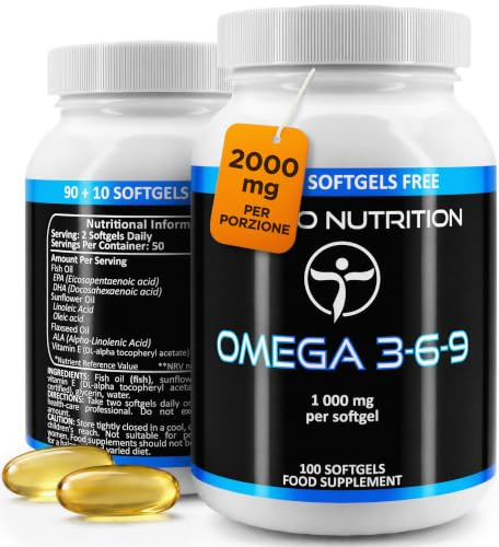 Omega 3 6 9 Integratore - 1000 mg per Softgel | Supporto per Cuore, Cervello e Articolazioni | Olio di Pesce, Borragine e Girasole + Vitamina E | Scorta 3+ Mesi | 100 Softgel Capsule 3-6-9