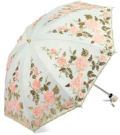 LCY Ladies Anti-UV Lace Embroidery Sun Parasol Folding Umbrella Wedding Umbrella-Apricot