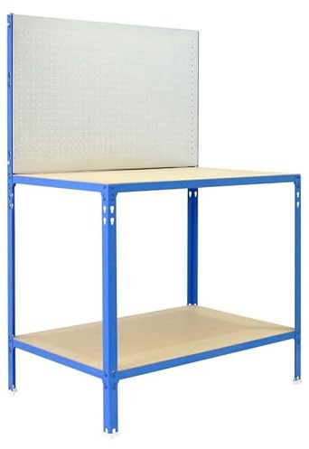 PRORGEAL Werkbank BUFALLO Light mit Lochwand & 2 Ebenen | HxBxT 144,5x120x60cm | Traglast 220kg | Blau/Verzinkt | Werktisch Arbeitstisch Werktisch