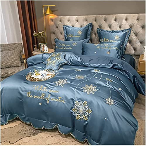 Completo letto a quattro pezzi antimacchia antirughe Set copripiumino 4 pezzi Copripiumino singolo/matrimoniale stile nordico Puro cotone ricamato in seta Queen King Copripiumino Queen Size (Blu a