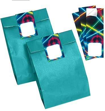 Minkocards 10 Geschenktüten (Petrol) + 10 Aufkleber Lasertag Laser Tag Geschenktüten für Mitgebsel Gastgeschenk einpacken beim Kindergeburtstag Mädchen Jungen