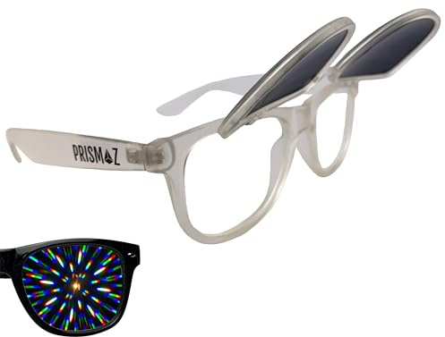 PRISMAZ Hochklappbare Beugungsbrille Für Fantastische Regenbogen Kaleidoskop Effekte - Als Festival Rave Feuerwerk Party Accessoire (Matt Transparent (Sonnenbrille Oben))