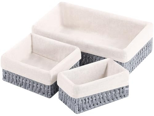 OUTBROS Ceste Vimini, Cesto IntrecciatoIn Foderato Staccabile, Cestino Portaoggetti Vari da Bagno,Organizer Cucina Camera da Letto (3 Confezioni, Corda di Carta, Grigio)