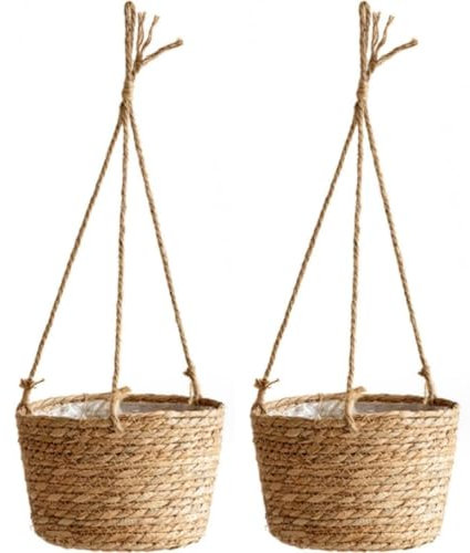 PEIQICHU 2-Piece Hanging Plant Basket with Long Hanging Rope & Hooks - Indoor/Outdoor Decorative Wicker Macrame Seagrass Planter Hanger