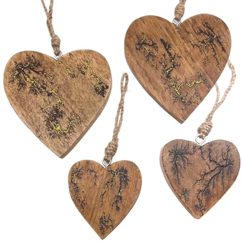 4er Set Holz Herz Anhänger in 15 und 10 cm, Massiv Holzherzen zum Hängen mit Blitz Laserbranding und Gold Glitzer