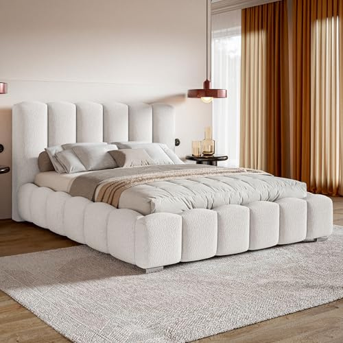 MOTIVENA Grand Bubble Bett 200x200 Weiß Boucle, mit Stauraum, mit Kopfteil, mit Lattenrost, mit Füßen, ohne Matratze, Bubble Polsterbett 200x200 mit Bettkasten Weiß (Milch)