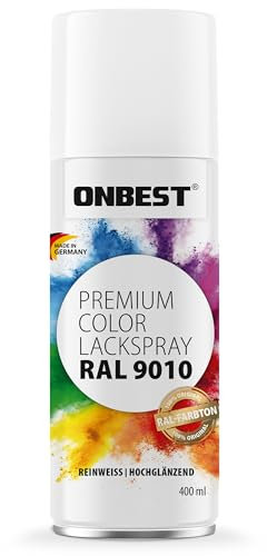 Onbest Premium Lackspray Sprühfarbe – wasserfest – Sprühlack Farbe zum Lackieren, Dekorieren & Reparieren von Oberflächen wie Metall, Holz, Kunststoff, Pappe, Stein (RAL 9010 Reinweiß Glänzend)