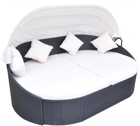 LAPOOH Outdoor-Sonneninsel mit Sonnendach, Gartenmöbel, Daybed Outdoor, Sonnenliege, Terrassenliege, Outdoor Lounge, Liegeinsel, Poly Rattan Schwarz