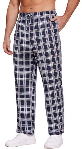 Ekouaer Loungebyxor för män mjuka pyjamas nattkläder byxor rutig design varm vinter bekväm användning, blå vit M, Blå + vit 2, M
