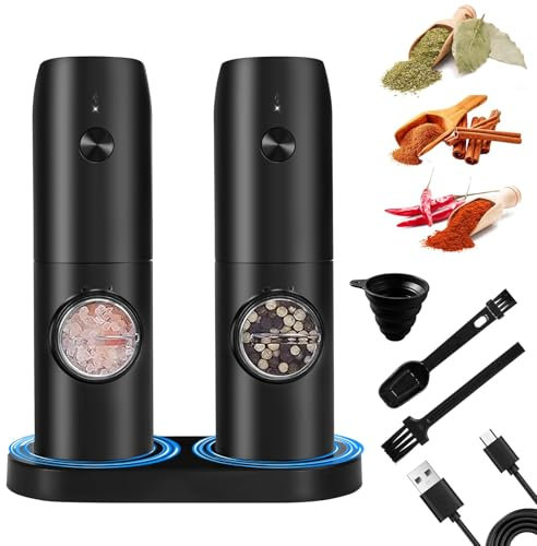 UCAMP Juego de Molinillo Eléctrico de Sal y Pimienta,Molinillo de Especias con Base Recargable,Molinillo Pimienta Electrico con Cepillos y Cucharas,Lámparas Led,Grosor Ajustable,para Barbacoa,Cocina