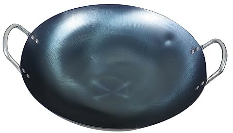 FUNOMOCYA Wok Da Cucina in Ferro Manico in Legno Wok Tradizionale A Fondo Tondo Adatto Per Fornelli A Gas Legna Accessorio Multifunzionale Per Cucina