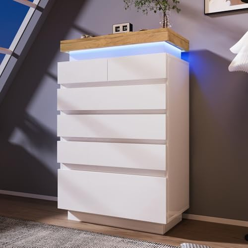 KOMHTOM Commode avec 6 Tiroirs, Meubles de Rangement Armoire avec éclairage LED, pour Chambre à Coucher et Salon, Blanc (115 x 73 x 39 cm)